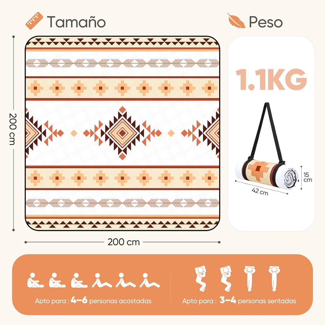 Sekey Boho Picknickdecke Wasserdicht 200x200 cm, Stranddecke Sandfrei | Gepolstert, Dreischichtige S