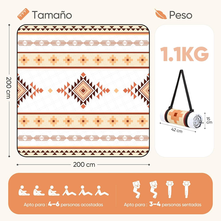 Sekey Boho Picknickdecke Wasserdicht 200x200 cm, Stranddecke Sandfrei | Gepolstert, Dreischichtige S