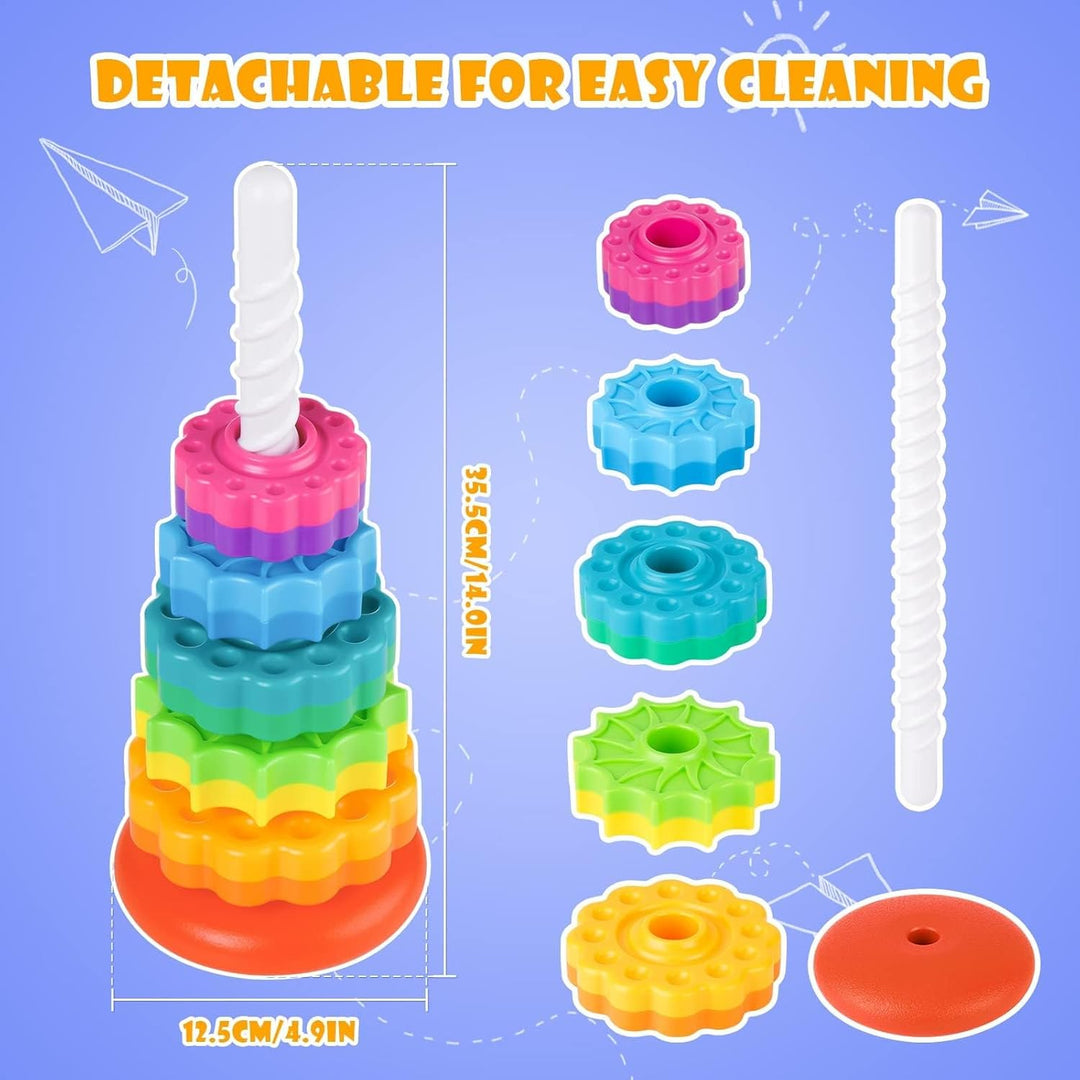 35cm Stapelturm mit Drehfunktion, Regenbogen-Stapelringe Spielzeug für Kinder, Zweifarbige drehende