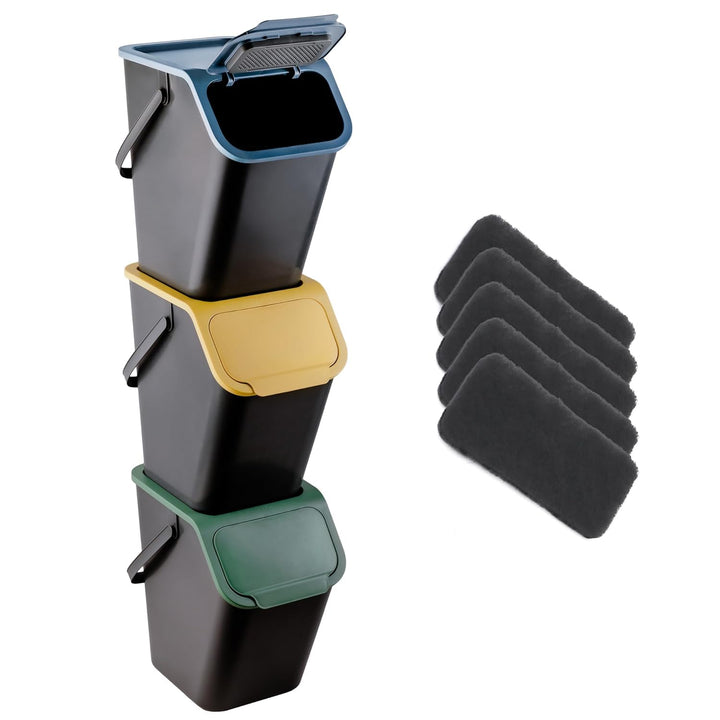 Go Practic 3-er Set Mülleimer und 3-Pack Bioaktivkohlefilter, Stapelbox mit Klick-Deckel, Abfalltren