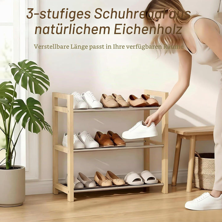LEMIKKLE Schuhregal Holz Eiche 3-stöckig, Erweiterbar Mit Edelstahl-Elementen, Ideal Für Enge Räume,