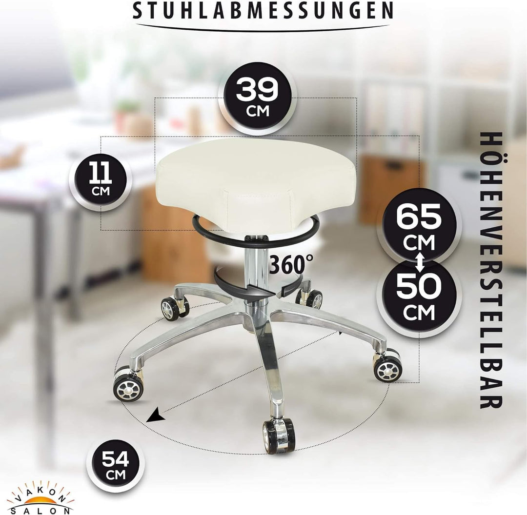 VAKON SALON - Design ergonomischer Rollhocker auf hochwertigen Rollen weiss - Höhenverstellbarer von