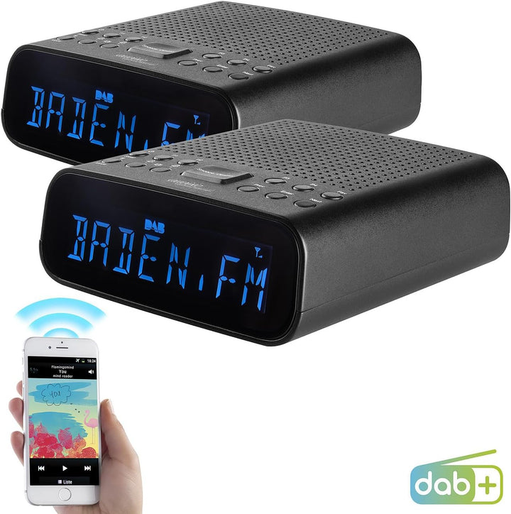 auvisio FM-Radiowecker: 2er-Set DAB+-Radiowecker, VA-Display, BT, 2 Weckzeiten, USB-Ladeport (für Sc
