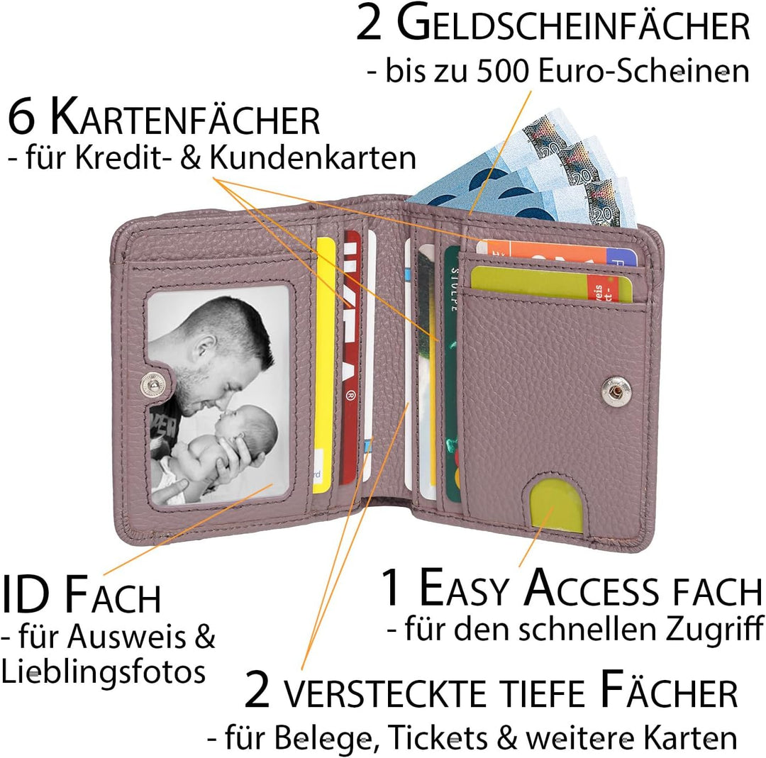 Geldtasche Damen klein, Reise Portemonnaie, viele Fächer, Leder Flieder, RFID Blocker, Münzfach gros