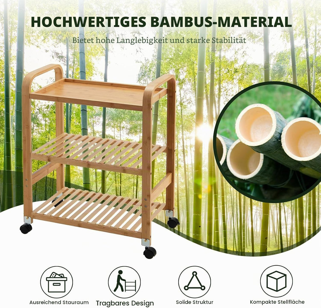 KOMFOTTEU Servierwagen Ebenen aus Bambus, Beistellwagen mit 4 Rädern, Küchenwagen mit seitlichen Gri