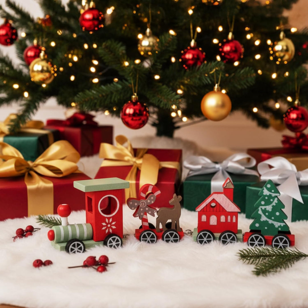 com-four® 2X Deko Weihnachtszug aus Holz mit je 3 Anhängern - Tischdekoration im klassischen Weihnac