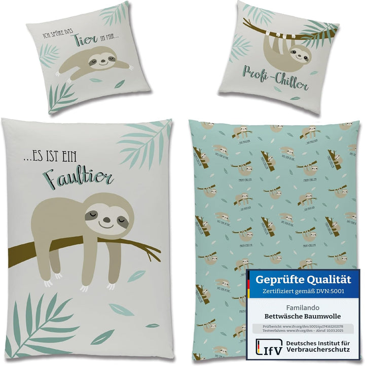 Familando Faultier Bettwäsche-Set 135x200 cm + Kissen 80x80 cm · Profi-Chiller · Kinder-Bettwäsche 1
