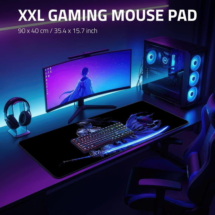 XXL Gaming Anime Mauspad 900x400 mm - Kanten vernäht, wasserfest | Mousepad für Gamer &amp; Büro - gross
