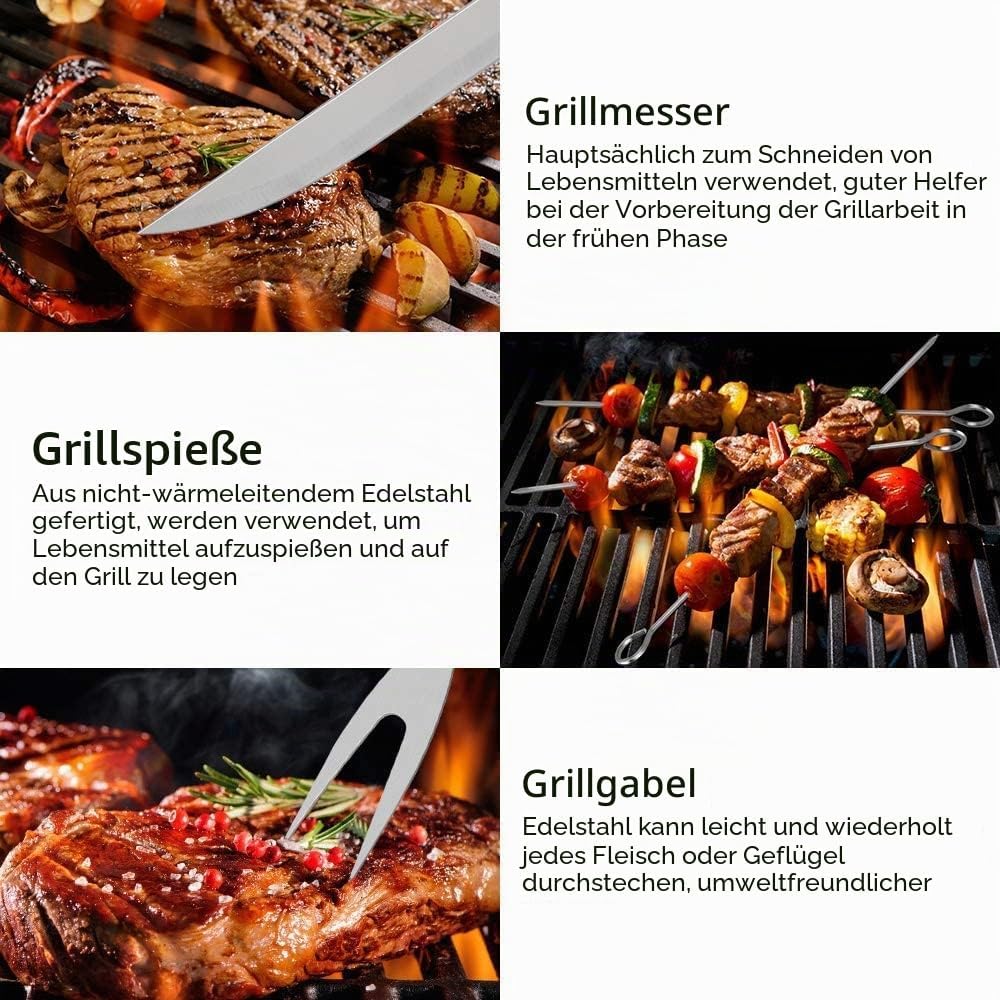 Grillbesteck BBQ Grillzubehör, 9 PCS Grill Werkzeugset Edelstahl Barbecue-Utensilien, BBQ Grillen Ko