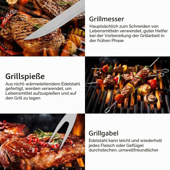 Grillbesteck BBQ Grillzubehör, 9 PCS Grill Werkzeugset Edelstahl Barbecue-Utensilien, BBQ Grillen Ko