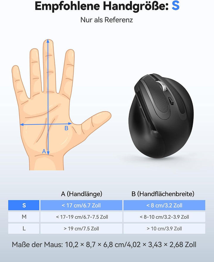 TECKNET Ergonomische Maus Bluetooth, 2.4G Wiederaufladbare Kabellos Vertikale Maus mit 4800 DPI, 3 G