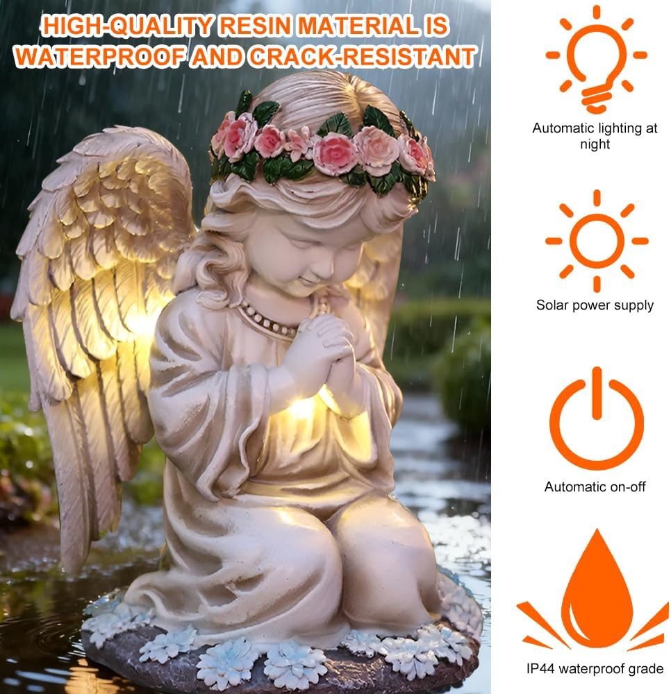 Grabschmuck Wetterfest, Solar Engel Gartenstatuen, Wetterfest Grabschmuck, Grabengel mit Led Solarle