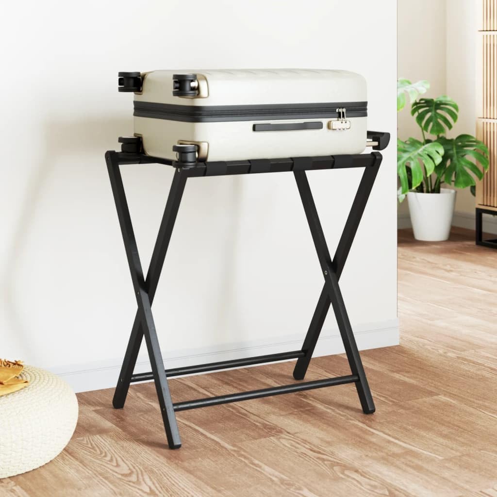 Schwarze Gepäckablage aus Bambus 68,5 x 38 x 58 cm, klappbar, bis 70 kg Tragkraft, Kofferständer für