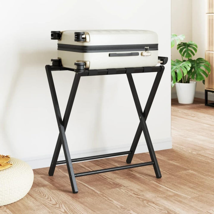 Schwarze Gepäckablage aus Bambus 68,5 x 38 x 58 cm, klappbar, bis 70 kg Tragkraft, Kofferständer für