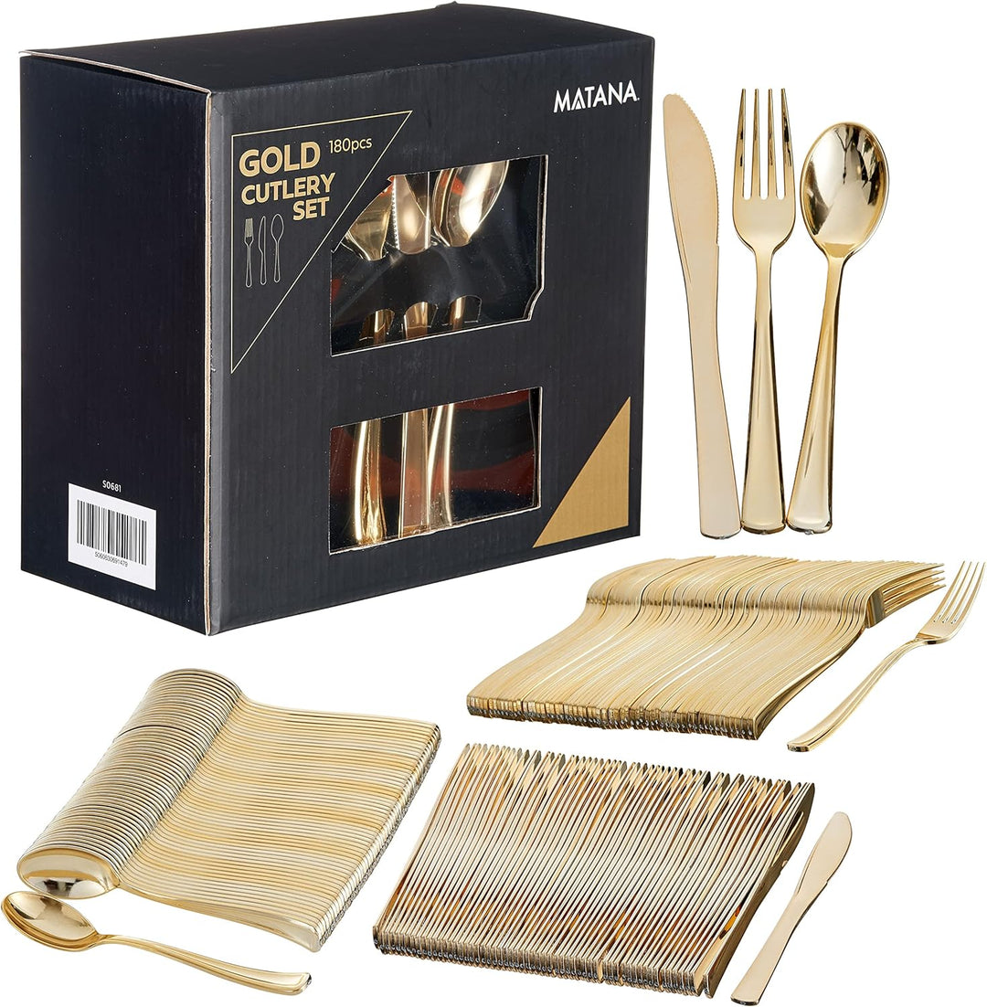 180er Goldenes Plastikbesteck Set - 100x Löffel, Gabeln & Messer