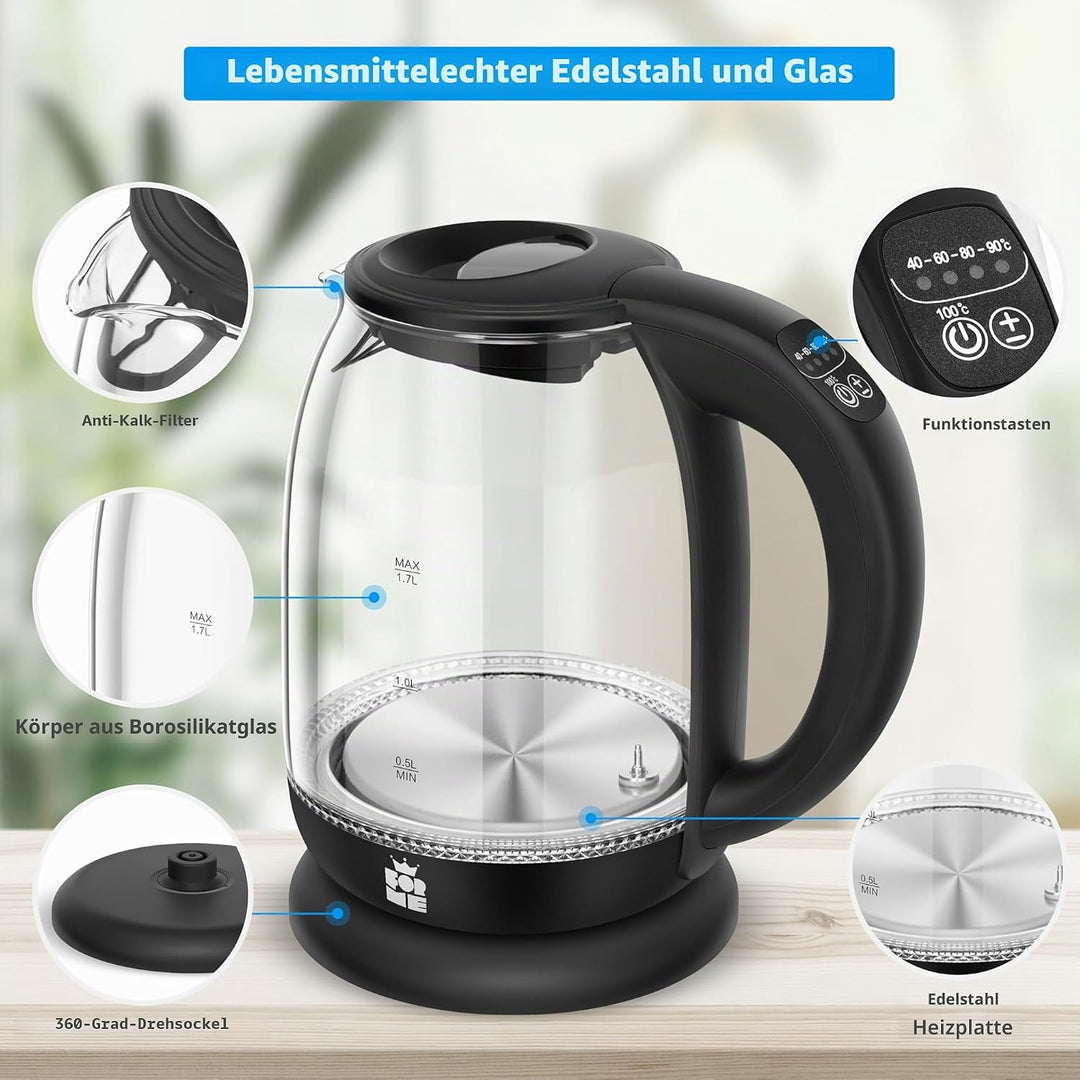 ForMe Glas Wasserkocher 1.7 mit Temperatureinstellung Temperaturwahl 40-100°C Farbwechsel LED Temper