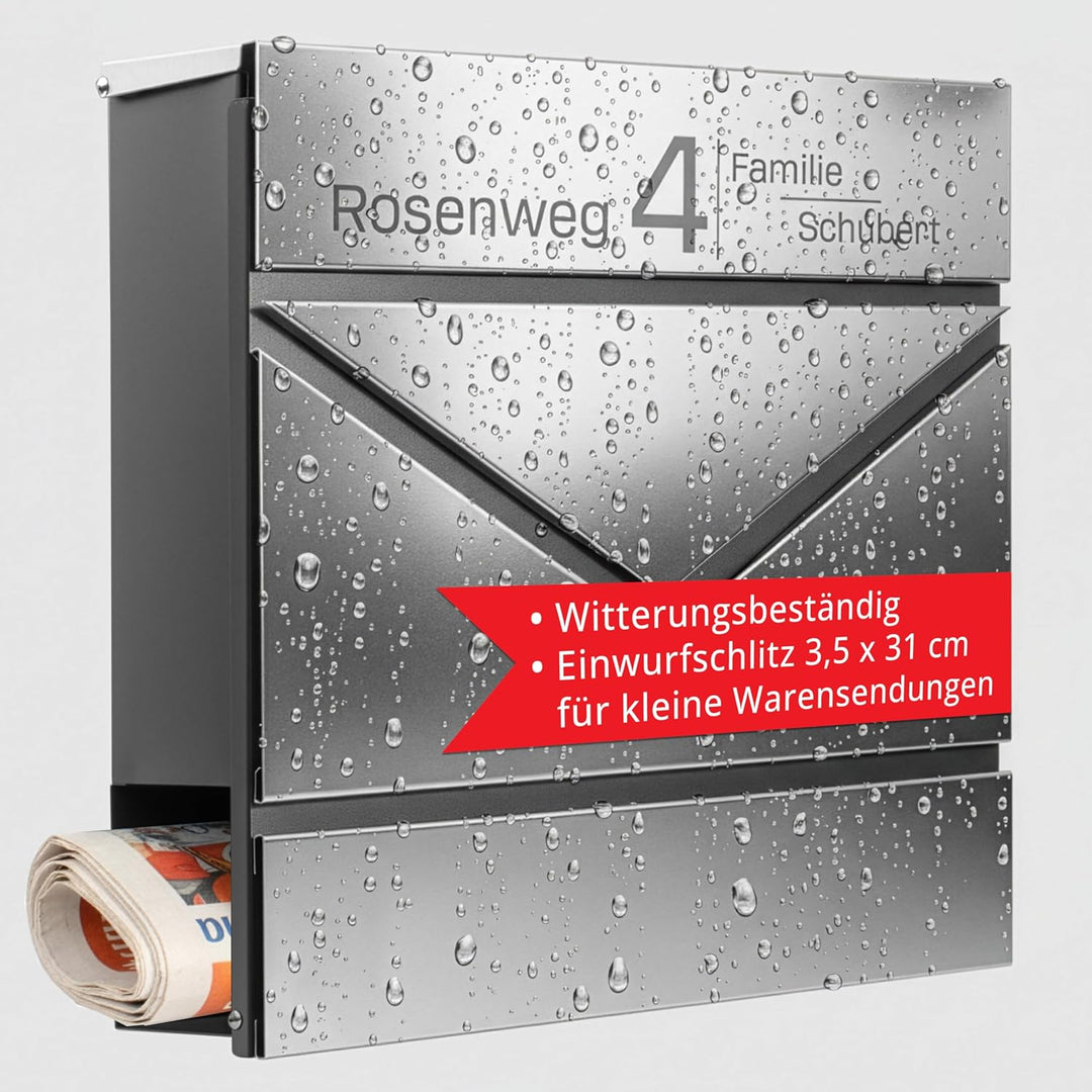 Grafner Premium Briefkasten personalisiert, Edelstahl mit Zeitungsfach und 2 Schlüssel, moderner Pos