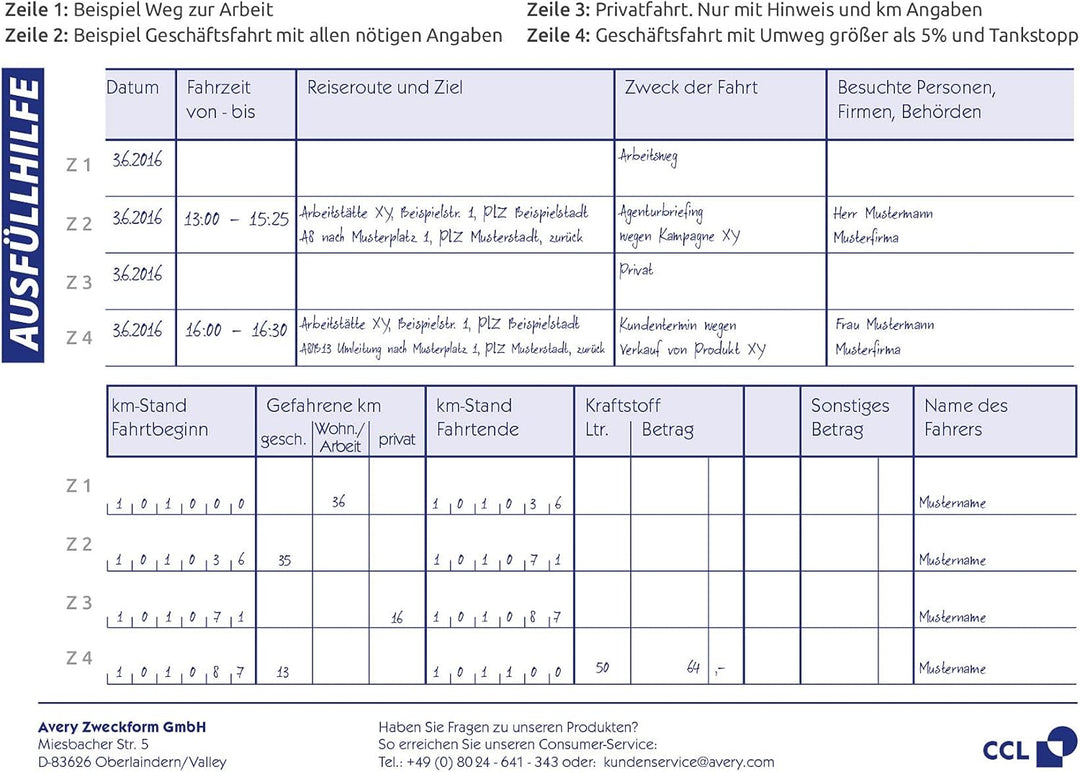 AVERY Zweckform 222-5 Fahrtenbuch (für PKW, vom Finanzamt anerkannt, A6 quer, 112 Seiten|385 Fahrten