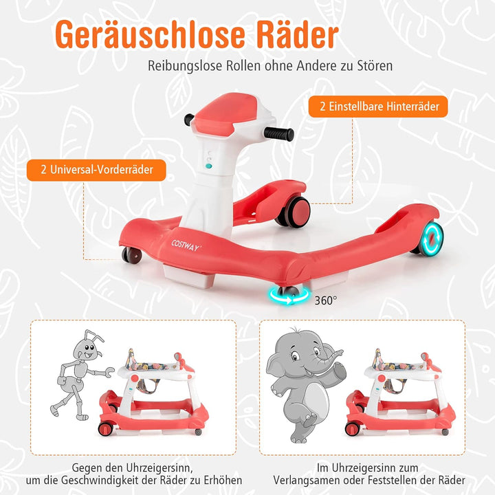 COSTWAY 2-in-1 Lauflernhilfe klappbar, Baby Walker höhenverstellbar, Gehfrei mit Musik & Licht, Lauf