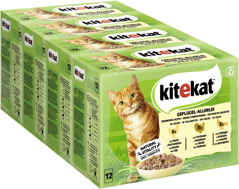 Kitekat Katzenfutter Geflügel-Allerlei in Gelee, 48 Beutel (2 x 24 x 100 g) Mix 100 g (48er Pack), M