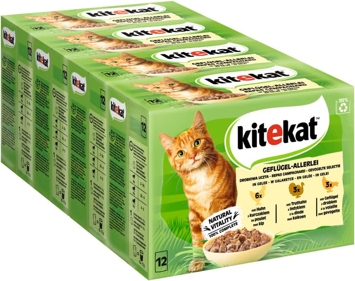 Kitekat Katzenfutter Geflügel-Allerlei in Gelee, 48 Beutel (2 x 24 x 100 g) Mix 100 g (48er Pack), M