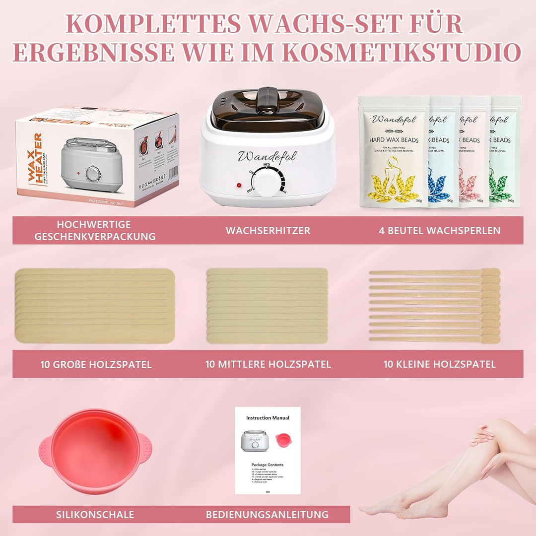 Waxing Set Wax Maschine - Warmwachs Haarentfernung Waxing Kit mit 4X100g Waxing Perlen, Silikonschal