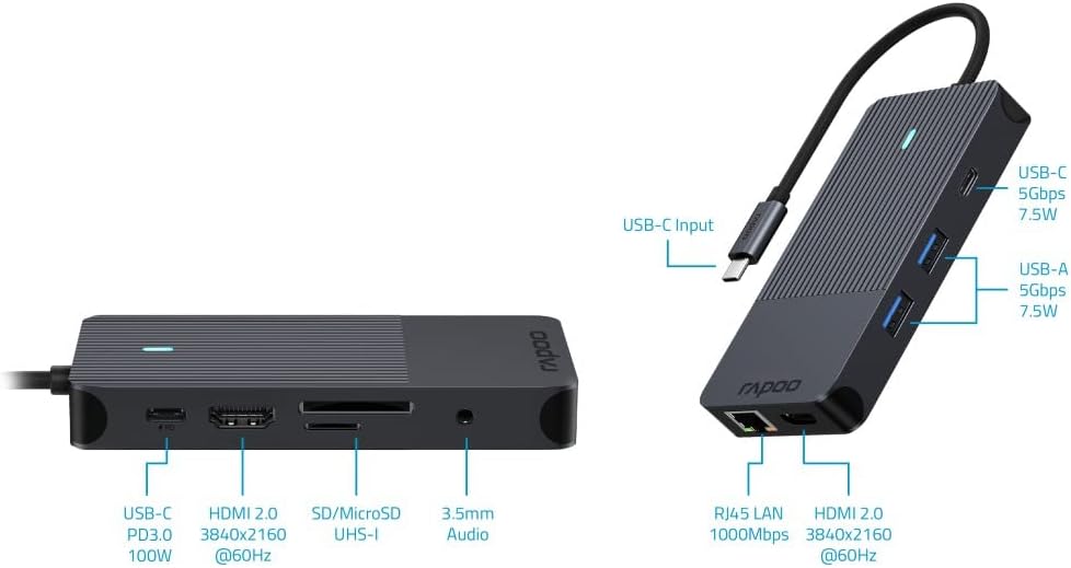 Rapoo UCM-2005 USB-C Multiport Adapter 10-in-1, 100W Power Delievery, 2x 4K HDMI, 1 Gbps LAN, 1 USB-