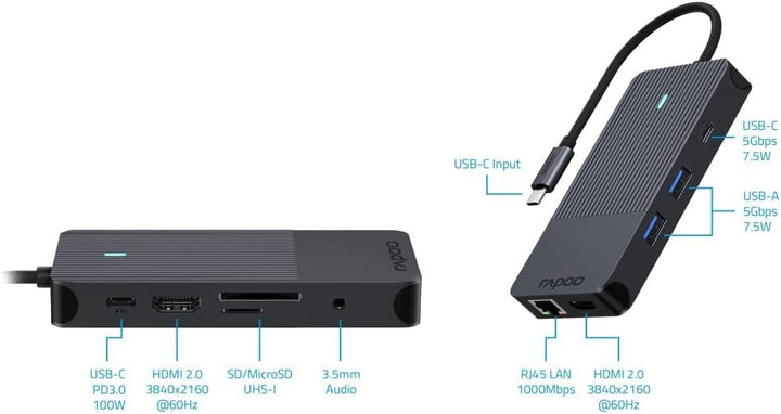 Rapoo UCM-2005 USB-C Multiport Adapter 10-in-1, 100W Power Delievery, 2x 4K HDMI, 1 Gbps LAN, 1 USB-