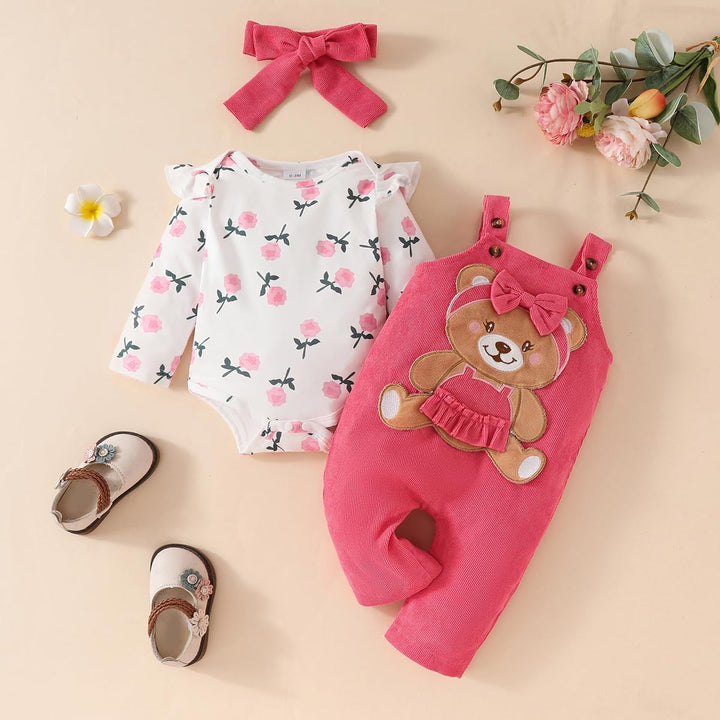 3tlg Baby Mädchen Kleidung Outfits Set Blumen Strampler Tops+ Einstellbare Overalls Pants+Stirnband