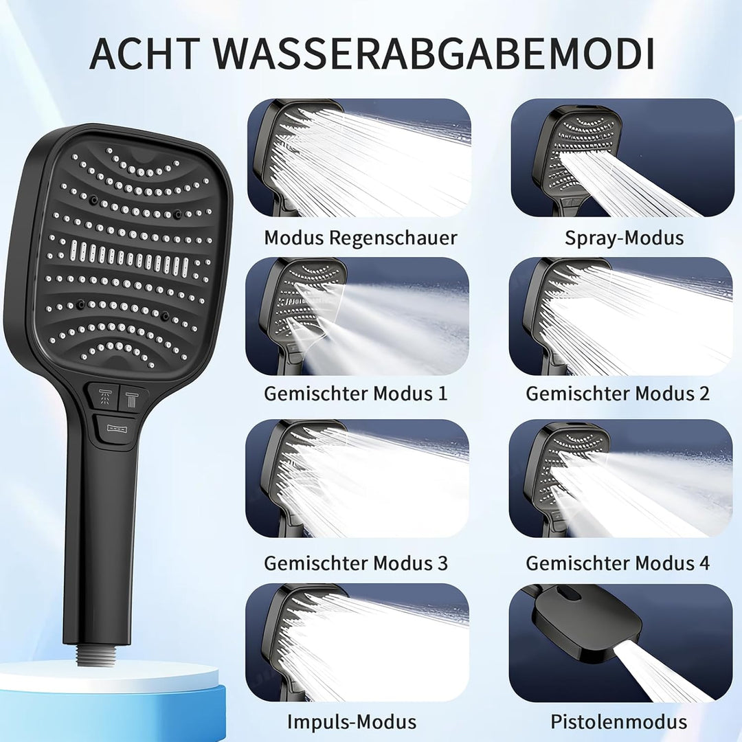Duschkopf mit Schlauch und Wandhalterung – 8-stufige Duschbrause mit 4 Tasten, Hochdruck Handbrause