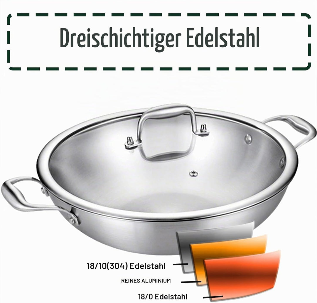 Servierpfannen 32cm,Bräter mit Deckel,Edelstahl Pfanne,Zweihandgriff Dreischicht Edelstahl Kochpfann