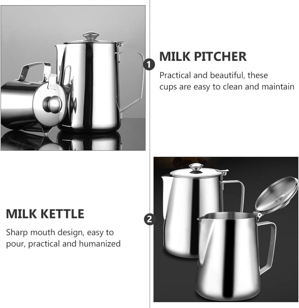 BESTonZON Milchkännchen Edelstahl Sahnekännchen mit Deckel 350 ML Aufschäumen Milch Kaffee Mokka Cap