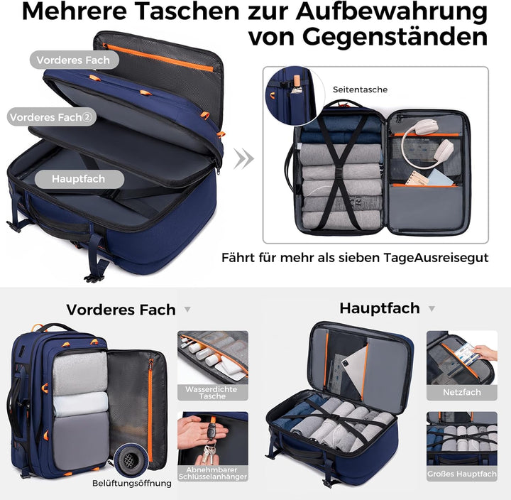 Fenree.geer Reiserucksack, Handgepäck Rucksack, Laptop Rucksack für 18.4 Zoll, Erweiterbar 49 L auf