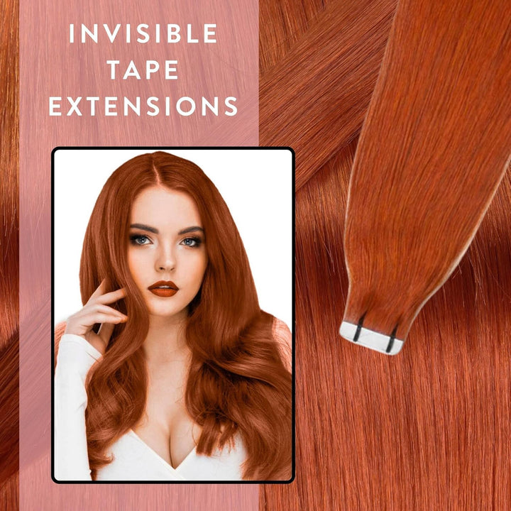 hair2heart Invisible Tape Extensions Echthaar Premium - 10 Tapes 50cm 8/43 hellblond rot-gold