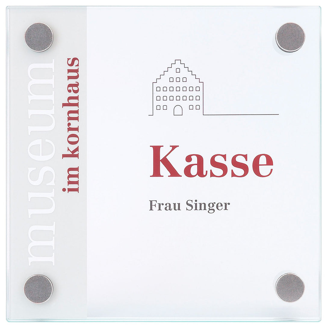 GALERIE Türschild | 150x150 mm | 2 Scheiben ESG Glas | 4x Edelstahl Halter | Türschild Büro | Bürosc