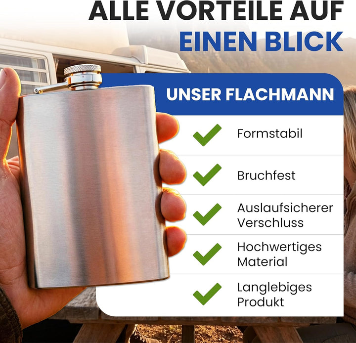 Oramics Flachmann Set 7-tlg. inkl. TRICHTER & BECHER – Edelstahl Taschenflasche gebürstet – Edles Mä