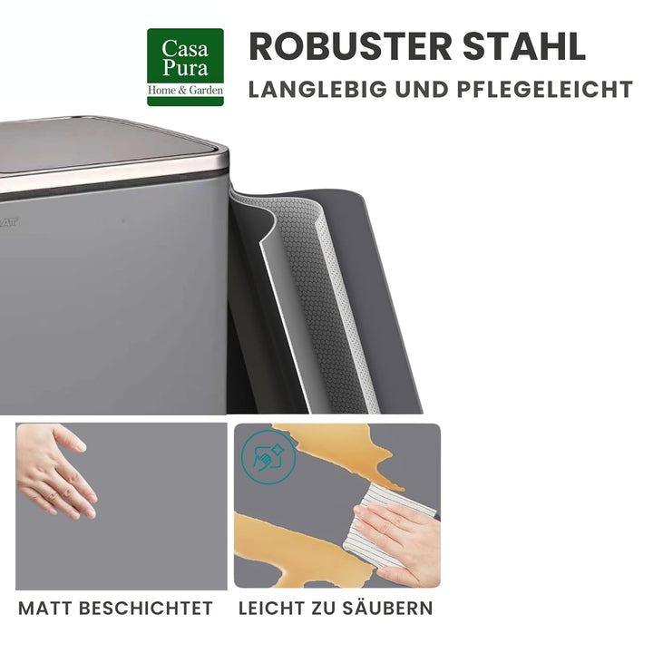 casa pura Mülleimer Küche 2×30L Grau | 2-Fach Mülltrennung, Treteimer Küche, Metall, Soft-Close, luf
