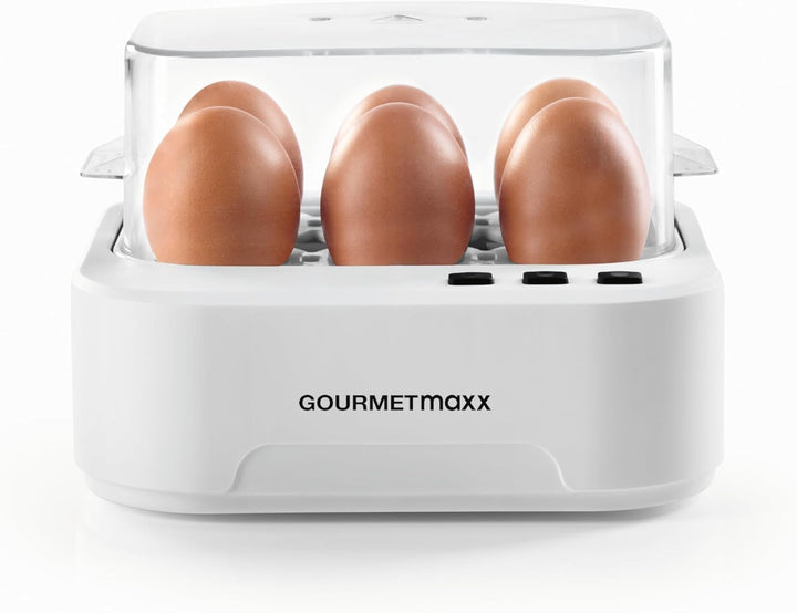 GOURMETmaxx Sprechender Eierkocher für 6 Eier | Design Egg Cooker mit Eierstecher, Messbecher & Spra