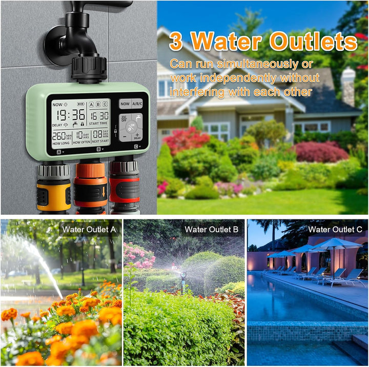Automatischer Bewässerungstimer, Gartenbewässerungstimer mit LCD Display, 3 Strecken Wasserhahn Time