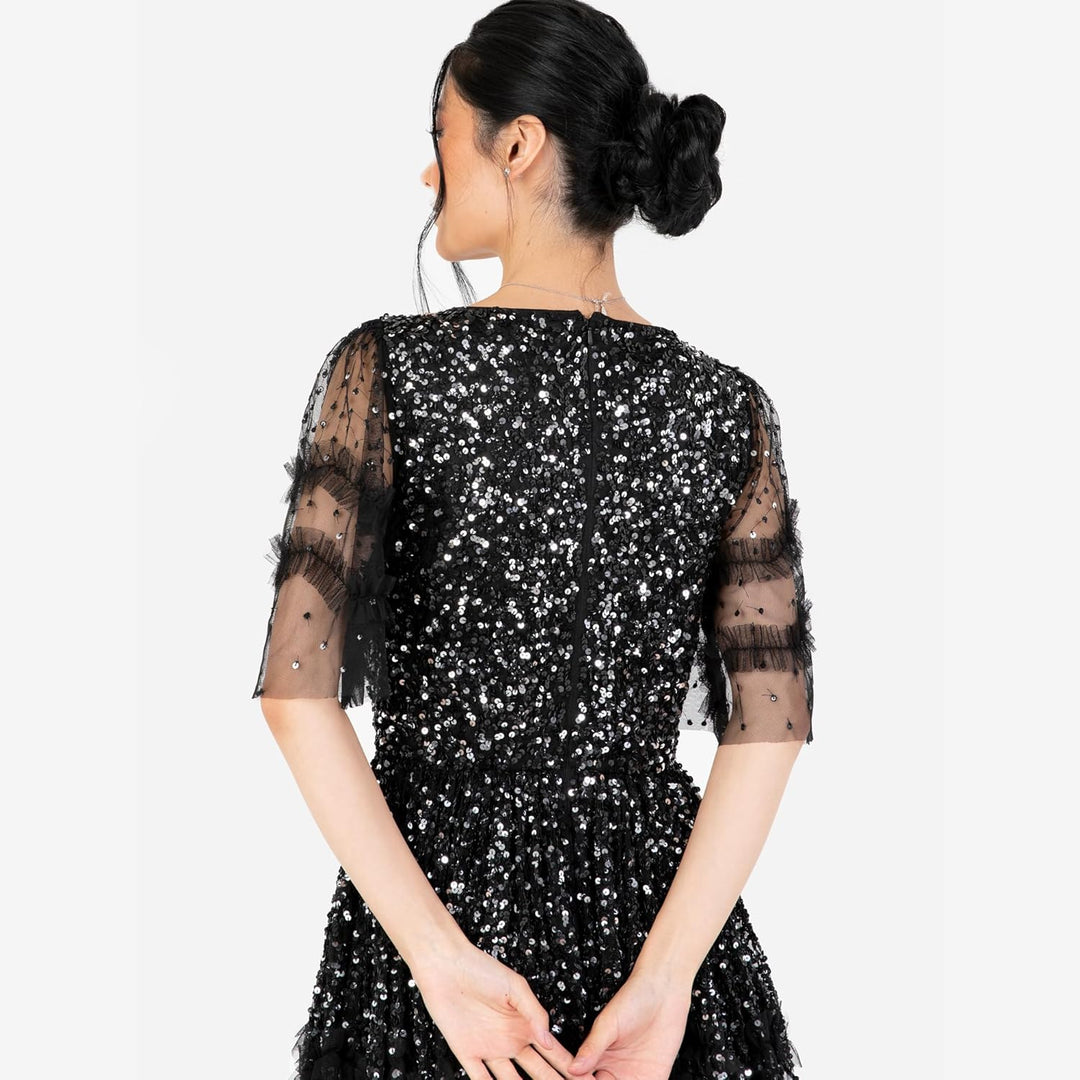 Maya Deluxe Damen Women's Maxi Dress Ladies V-Neck Sequin Embellished Ruffle Detail for Wedding Gues