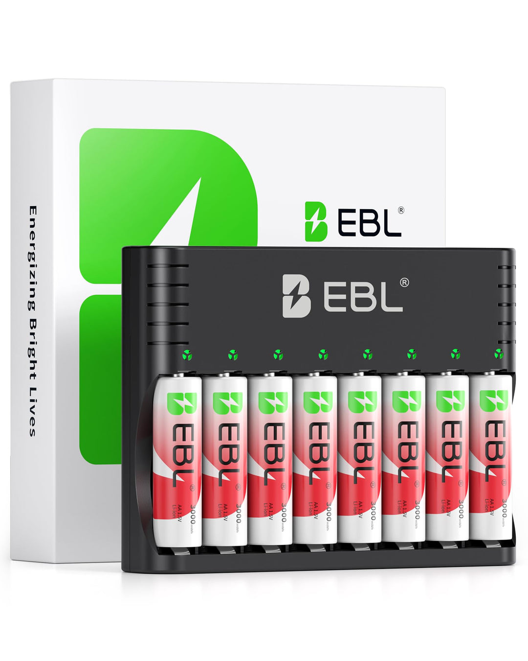 EBL Wiederaufladbar Lithium Akkus AA 8 Pack mit Ladegerät, 1.5v 3000mWh 1600 Zyklen Langlebige AA Ba