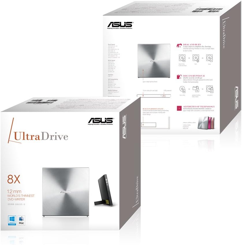 Asus SDRW-08U5S-U Ultradrive externer Slim DVD Brenner (8x DVD±R, 6x DVD±R DL, 5x DVD-RAM, USB 2.0)