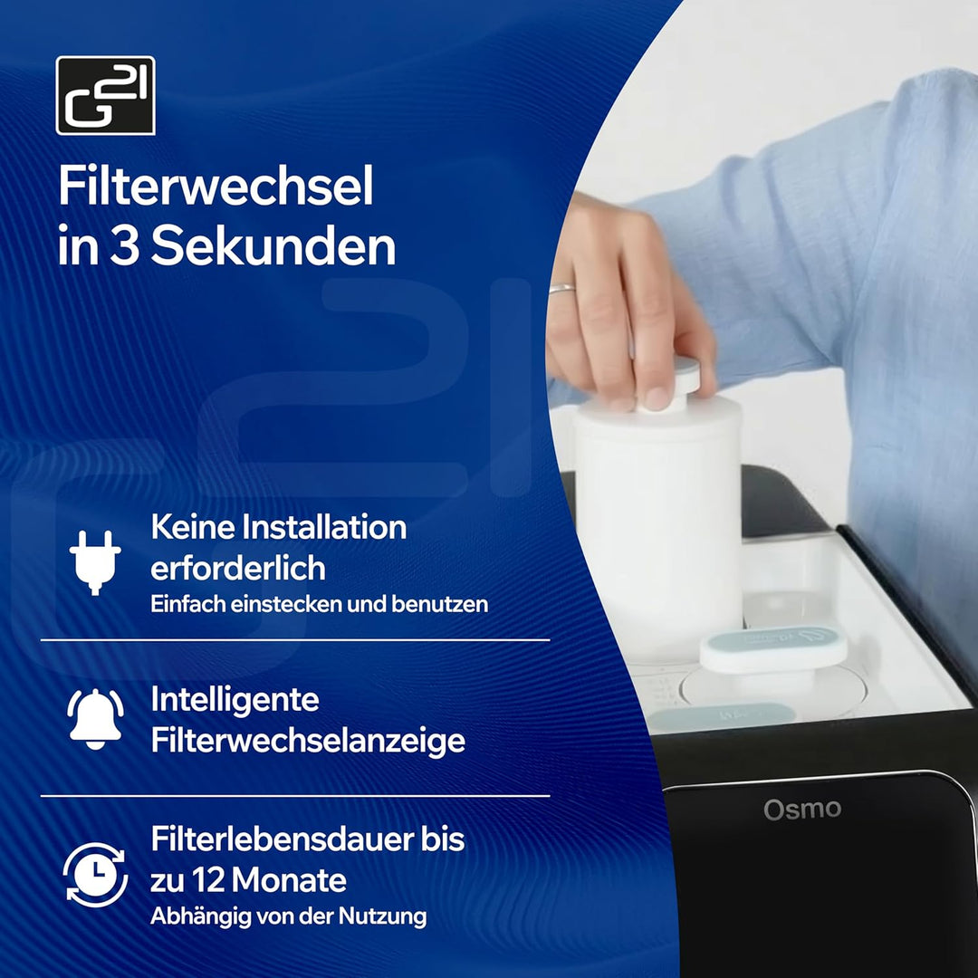 G21 Osmo Osmoseanlage Trinkwasser 3L, 1:1 Rein- zu Abwasserverhältnis, Umkehrosmoseanlage mit Heissw