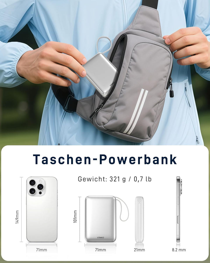 VINKO Powerbank 20.000mAh 22.5W mit integriertem 2 Kabel, High-Speed portables Ladegerät, Klein Powe