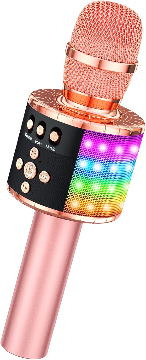 BONAOK Drahtloses Bluetooth-Karaoke-Mikrofon mit Steuerbaren LED-Leuchten, Tragbarer Karaoke-Maschin