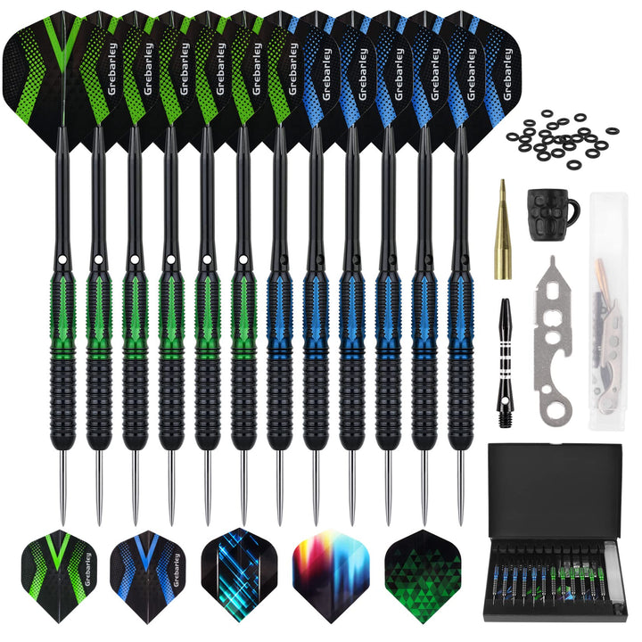 Grebarley Dartpfeile mit Metallspitze,12 Stück Profi Steeldarts 18 Aluminium Schaft mit 9 Flights 20