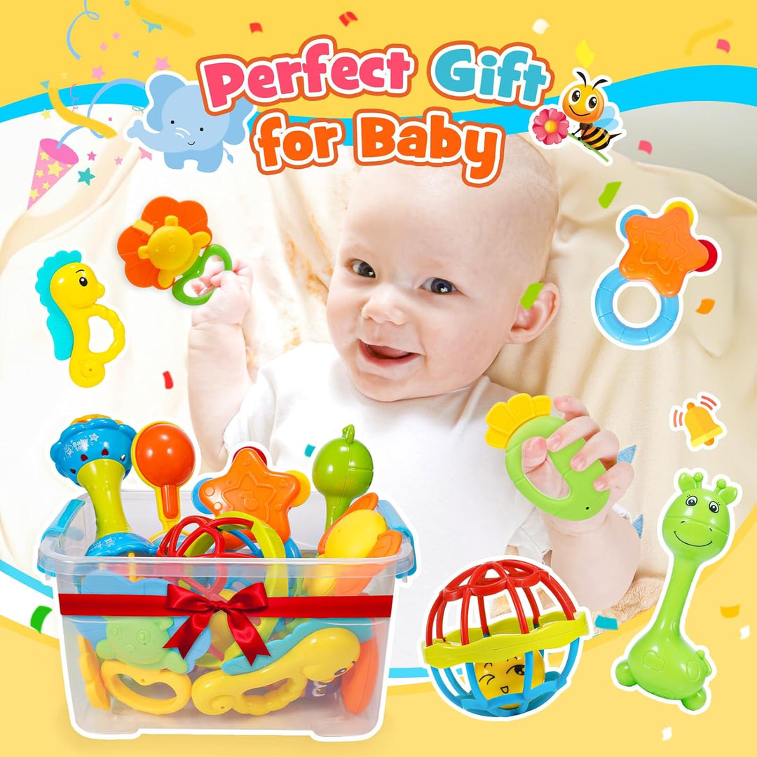 Baby Spielzeug ab 0-12 Monate, 14 Pcs Rasseln Beissring Set mit Aufbewahrungsbox Babyspielzeug ab 0-