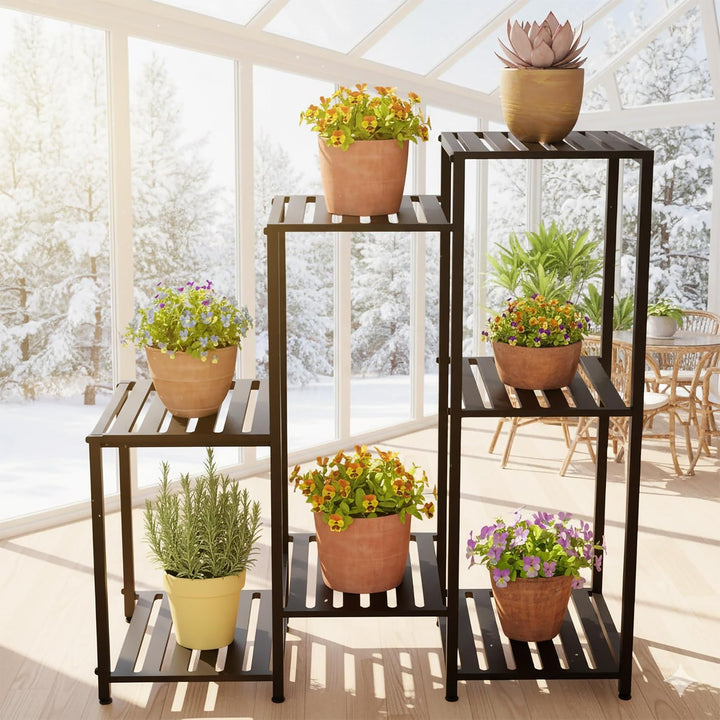 Relaxdays Pflanzenregal 7 Ebenen für Ihre Schätze Grün Metall HxBxT 81x80x28,5cm Schwarz 81 x 80 x 2