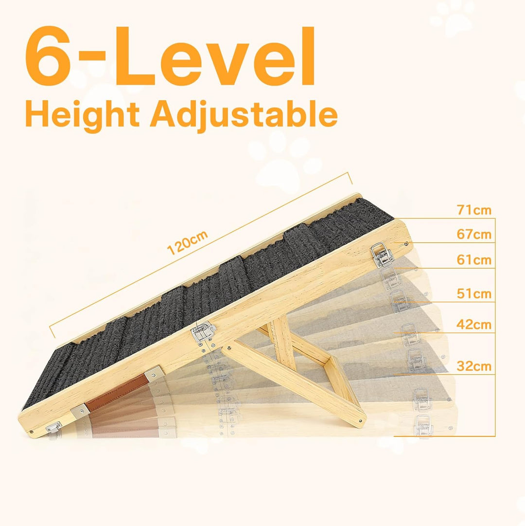 Klappbare Hunderampe aus Holz, 6-Stufige Höhenverstellung, 120 cm Lang, Haustier-Rampe aus Holz mit