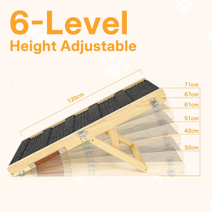Klappbare Hunderampe aus Holz, 6-Stufige Höhenverstellung, 120 cm Lang, Haustier-Rampe aus Holz mit